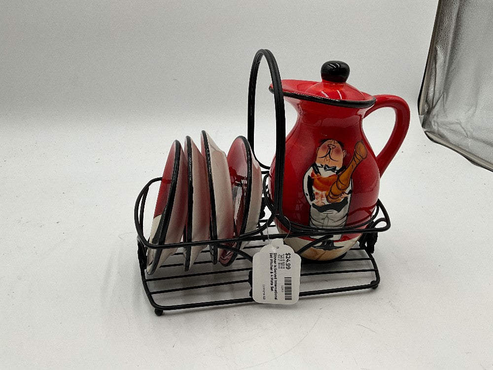 Dinner Is Served International Set Pitcher & 4 Plate Set